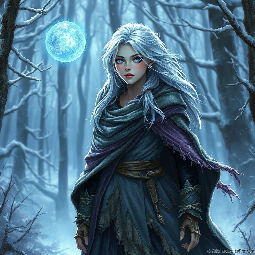 A mystical young woman with silver hair and glowing blue eyes stands amidst an ancient, snow-laden forest, her tattered cloak billowing in the icy wind as she gazes at a floating orb of ethereal li...