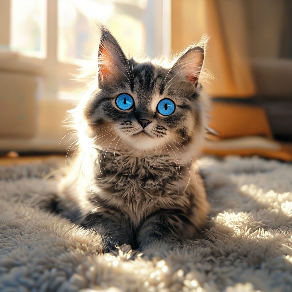 A cute, fluffy gray tabby cat with bright blue eyes, sitting on a soft, white carpet in a cozy living room with sunlight streaming through a window, looking directly at the viewer with a playful and friendly expression. Photorealistic style, high detail, vibrant colors, 4K resolution, 1024x1024 pixels.