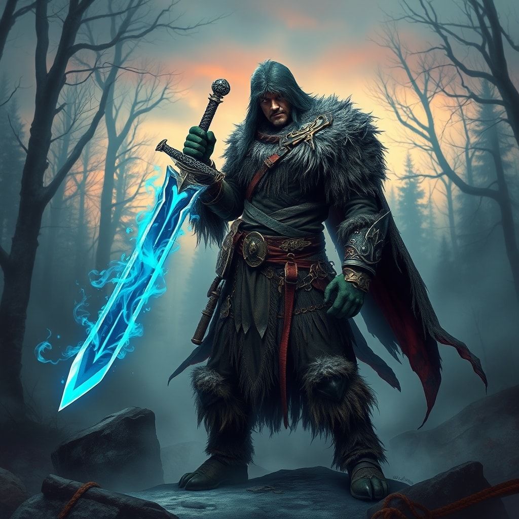 A battle-worn fantasy warrior, clad in tattered fur and enchanted steel, stands amidst a mist-shrouded forest at dusk, his sword glowing with ethereal blue flames as he faces an unseen foe, surroun...