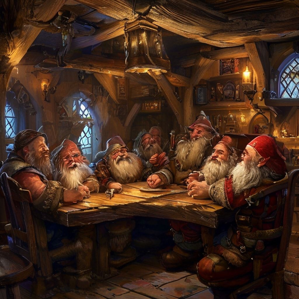 A group of dwarves in a cozy, medieval-style tavern, with warm lighting, wooden furniture, and a friendly atmosphere. Realistic, detailed, high-quality.