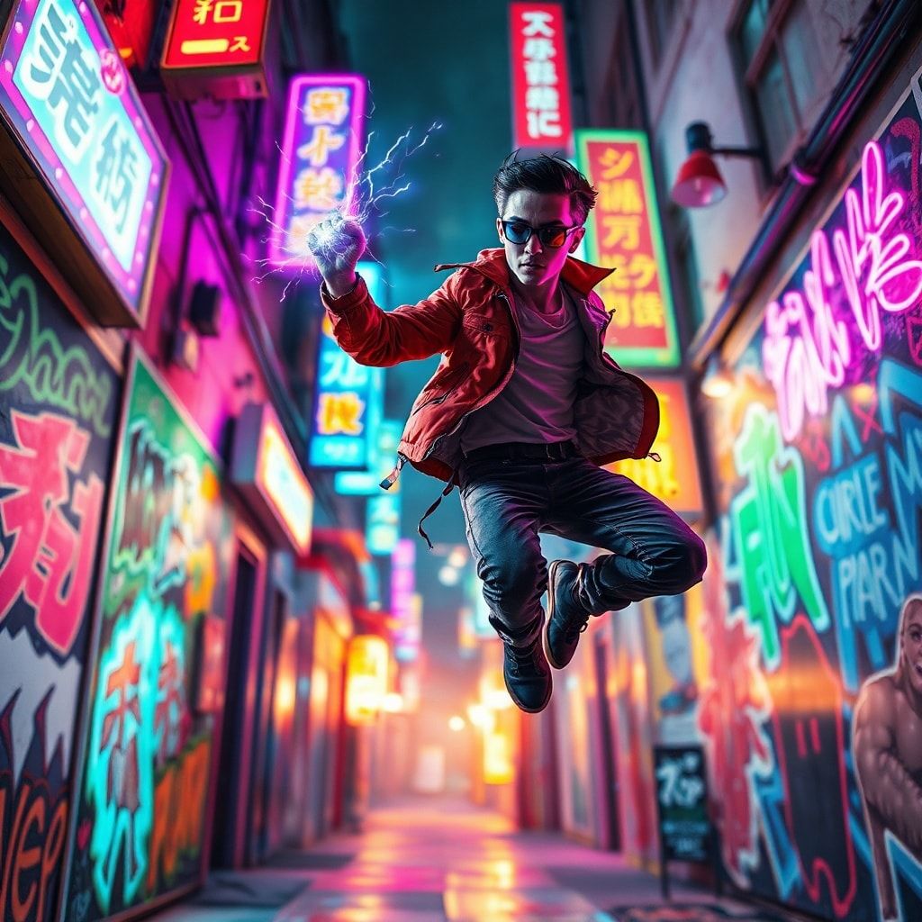 A neon-lit alleyway explodes with vibrant street art, glowing under flickering holographic signs. A lone shonen hero, clad in a tattered red jacket, leaps mid-air, fist ignited with electric energy...