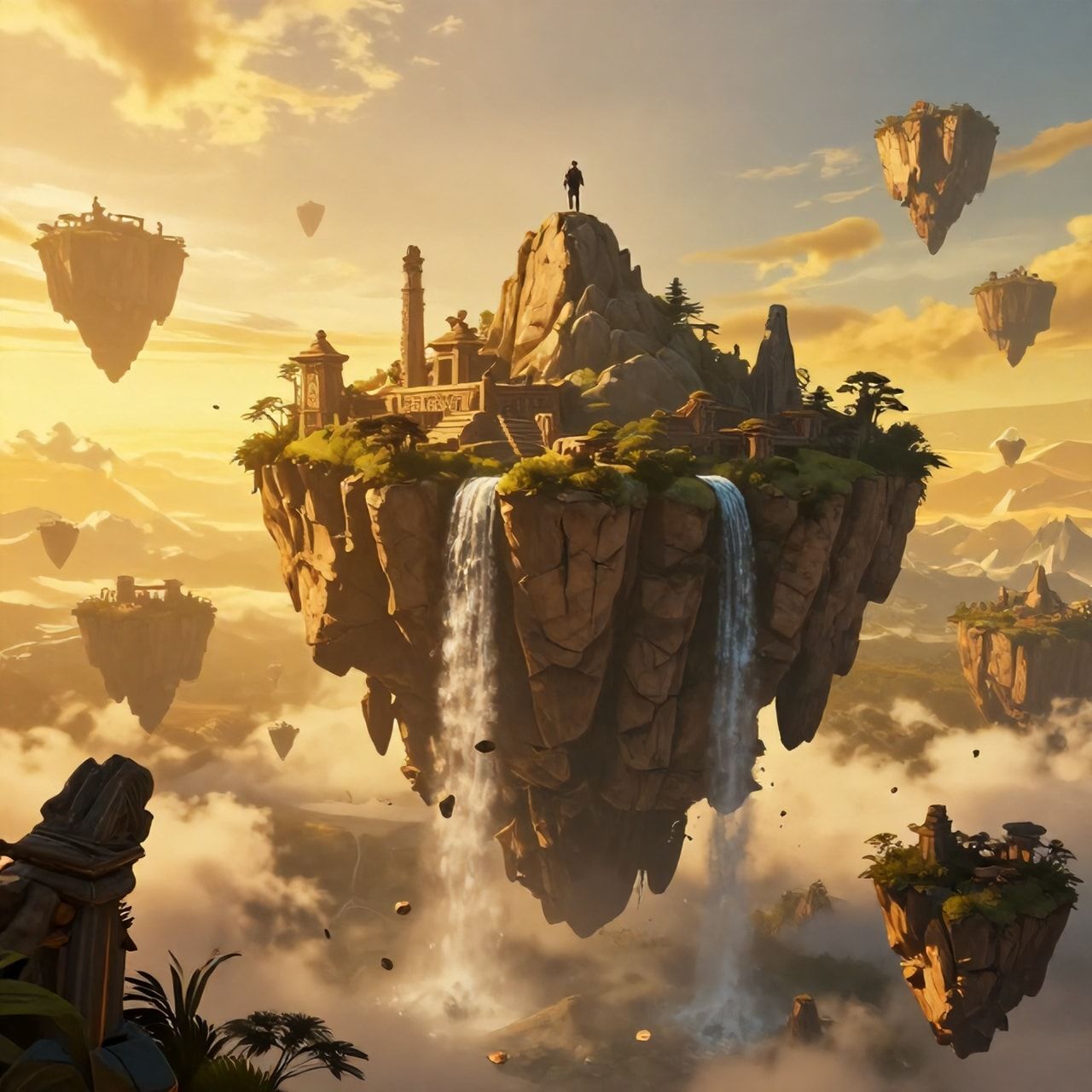 A vast expanse of floating islands drifts through a golden twilight sky, their jagged cliffs adorned with ancient ruins and cascading waterfalls. A lone adventurer stands atop the highest peak, sil...