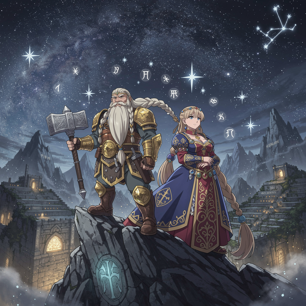 Dwarven starry night over mountains fantasy landscape, majestic dwarven warrior with long braided beard and ornate golden armor standing proudly on mountain peak under starry night sky, countless stars and constellations twinkling above, Milky Way arching across dark sky, mountain peaks silhouetted against star-filled heavens, ancient dwarven architecture on mountain slopes, ethereal blue and silver lighting from starlight, magical atmosphere, cinematic composition, cartoon style, anime art style, fantasy art style, proud and mystical mood, detailed and atmospheric, mystical glowing stars, elegant dwarven woman in ceremonial dress, strong expression, noble beauty, animated style, vibrant colors