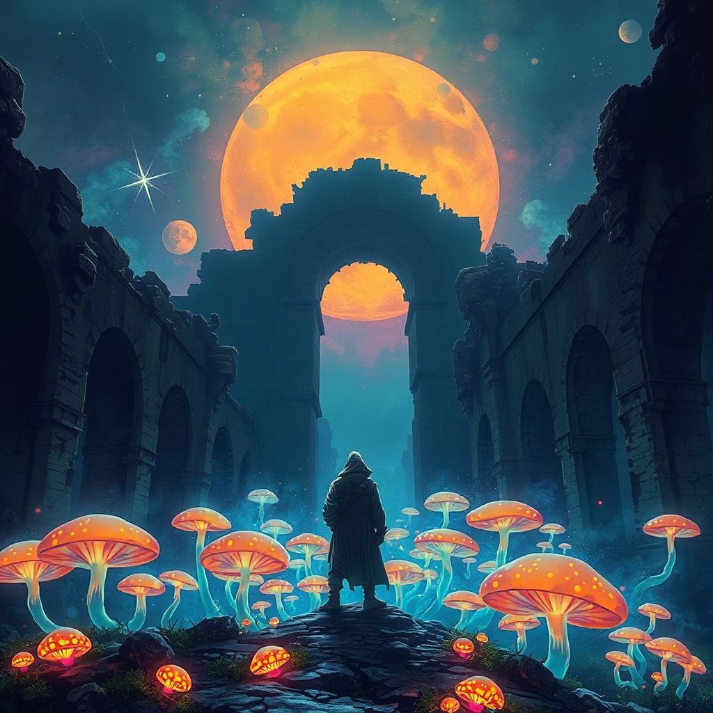bioluminescent fungi pulse in the ruins below. A lone, hooded figure stands..