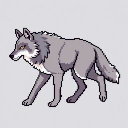 Pixel art wolf character spritesheet, grey wolf, 16x16 pixels per frame, 4-direction movement (down, left, right, up), walking animation, 4 frames per direction, top-down RPG style, consistent proportions, fluffy tail, pointed ears, retro fantasy game style, clean pixel art, limited color palette, evenly spaced sprite grid, transparent background, no background, PNG spritesheet, sharp pixels, no blur, no glow