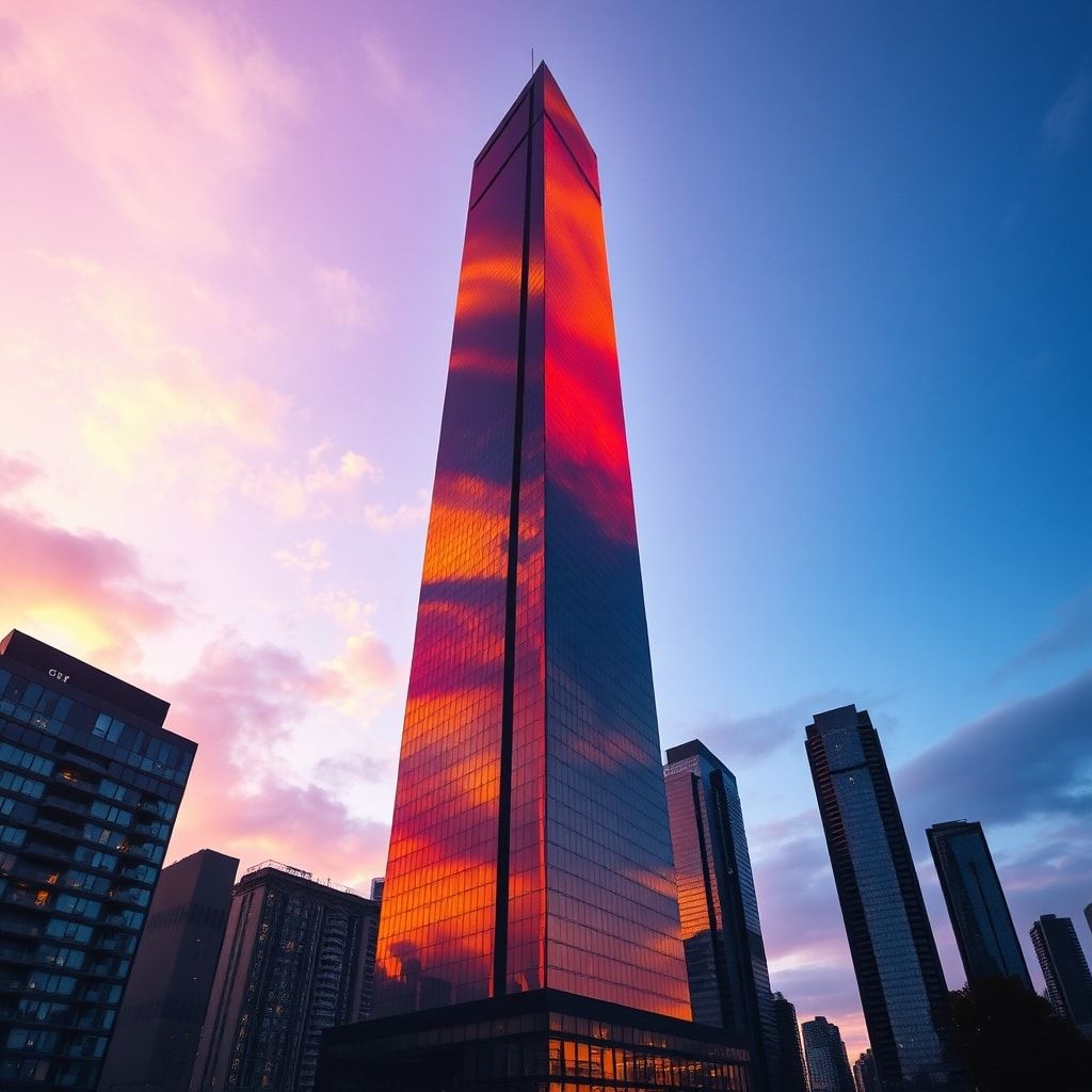 A towering skyscraper pierces the twilight sky at golden hour, its glass facade reflecting molten amber and deep violet hues, bathed in warm, diffused sunlight casting long shadows across the urban...