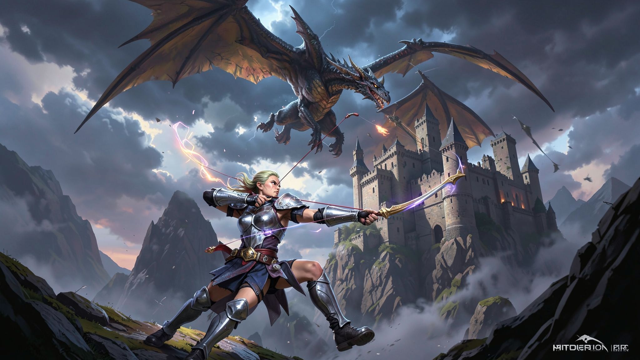 A lone elven archer, clad in silver armor, draws back a glowing bow as a majestic dragon soars above a crumbling medieval castle perched on a jagged cliff, storm clouds swirling violently in the tw...