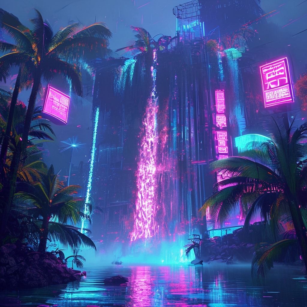 A towering neon-lit waterfall cascades into a bioluminescent lagoon, its mist glowing under the flicker of holographic billboards. Cybernetic palm trees sway in the artificial breeze, their fronds ...