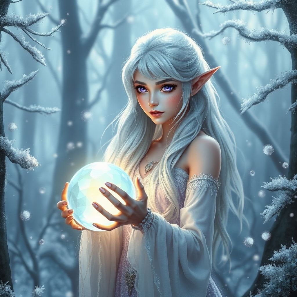 A delicate elven maiden with silver hair and luminous violet eyes stands poised in a frost-kissed enchanted forest, her breath visible in the crisp air as she gently cradles a glowing crystal orb. ...