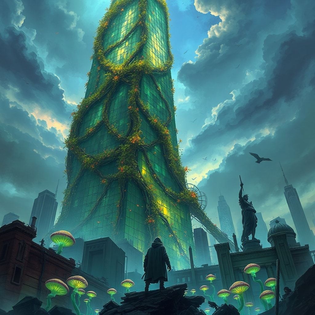 A towering, vine-choked skyscraper looms over a fractured metropolis, its glass panes shattered like dragon scales, while bioluminescent fungi pulse in the ruins below. A lone, hooded figure stands...