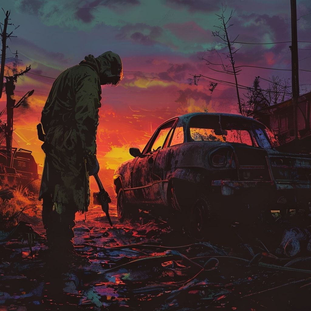 A lone scavenger in a tattered trench coat, silhouette stark against the neon glow of a junkyard at dusk, hunched over a rusted car frame, wrench in hand, shadows stretching long across twisted met...