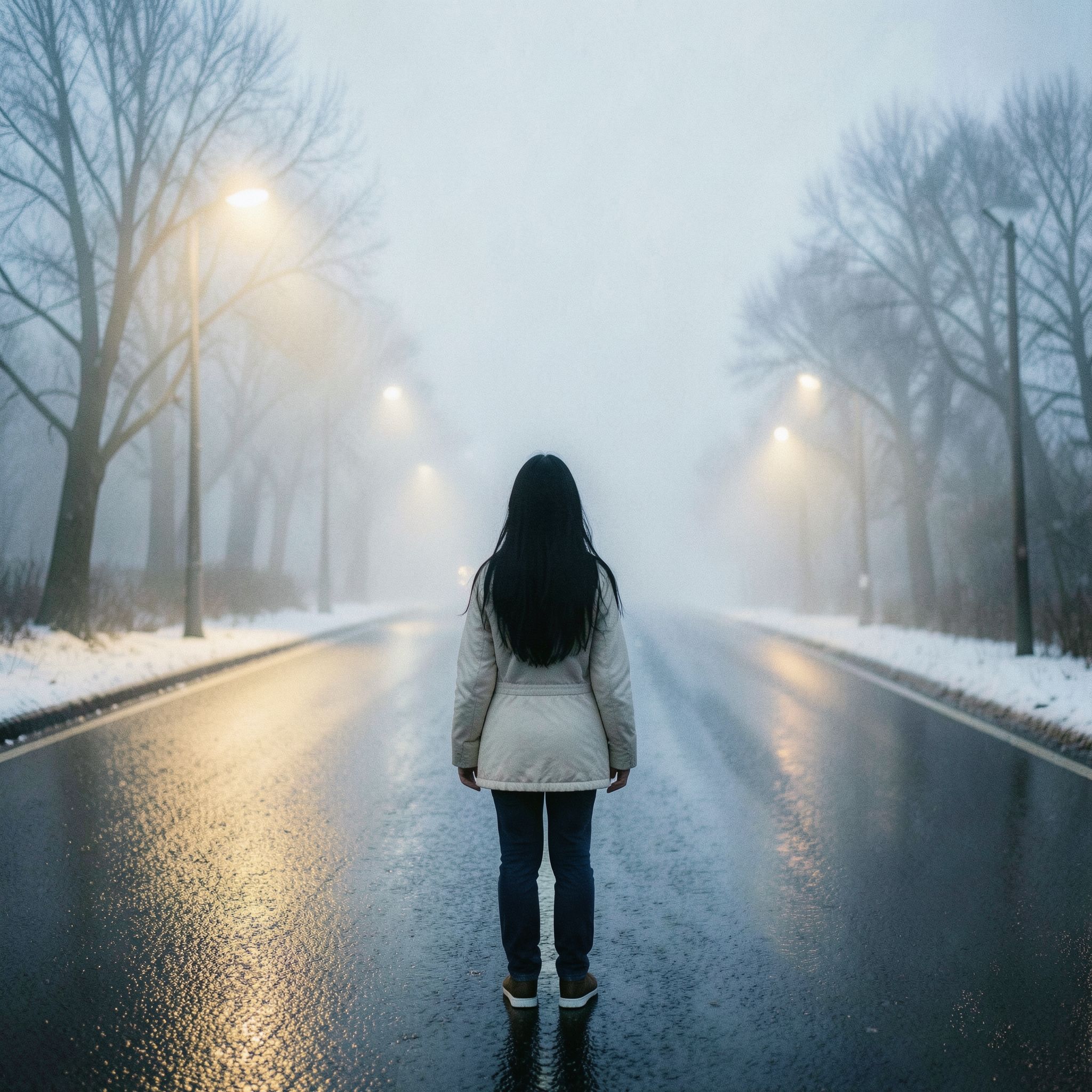 A girl with long black hair stands facing away, looking into the distance on a foggy road. The winter atmosphere feels cold and damp, like after a light rain. Thick February fog drifts across the empty road, reflecting soft, muted streetlight glow. The ground is slightly wet, adding subtle reflections. Pale blue and gray tones dominate the scene. The mood is quiet, melancholic, and cinematic, as if frozen in time. Cinematic composition, wide-angle shot, soft diffused lighting, shallow depth of field, realistic textures, gentle film grain, emotional winter atmosphere, like a scene from a slow, intimate film.
