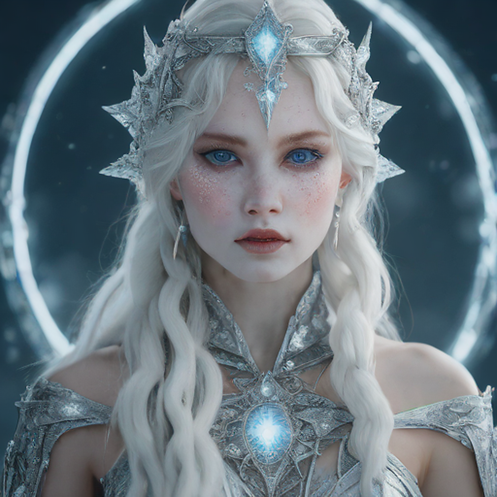 ethereal frozen oracle girl, pale icy skin, white-silver hair, luminous moon sigil, frost particles, cosmic silence, cinematic ultra-detailed