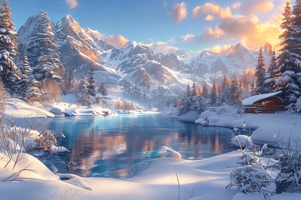 A breathtaking winter landscape featuring snow-covered mountains, a frozen lake reflecting the clear blue sky, and a cozy wooden cabin nestled among snow-laden pine trees. The scene is bathed in soft, golden sunlight from a low winter sun, creating a serene and magical atmosphere. Photorealistic style, high resolution, vibrant colors, detailed snow texture, and a sense of tranquility and wonder.