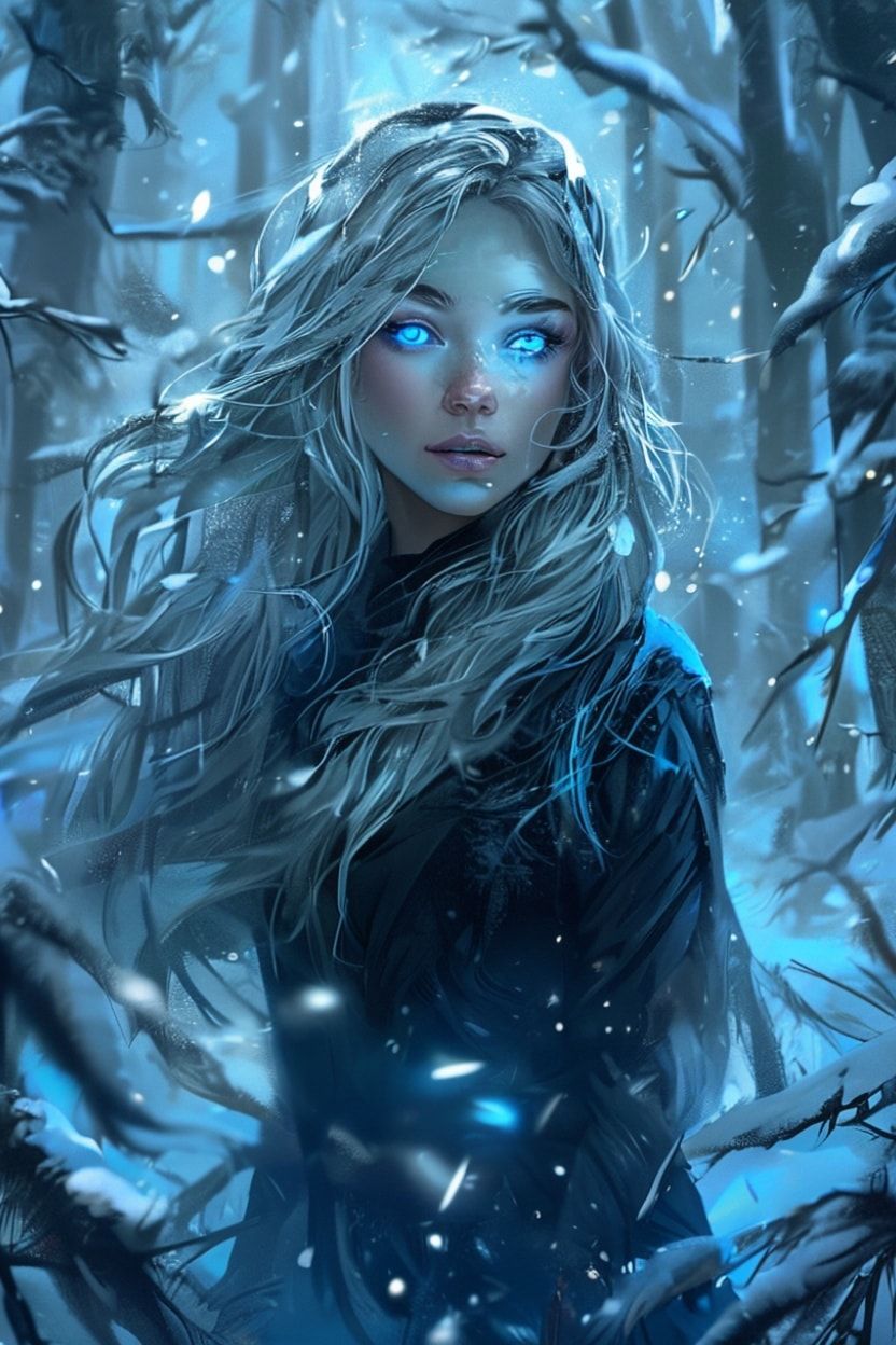 mystical young woman with silver hair and glowing blue eyes stands amidst an ancient, snow-laden forest