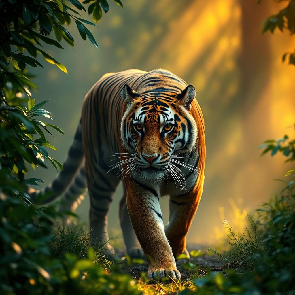 A majestic Bengal tiger prowls through a dense, misty jungle at dawn, golden sunlight filtering through emerald foliage, casting dappled shadows. Its amber eyes gleam with intensity as it moves wit...