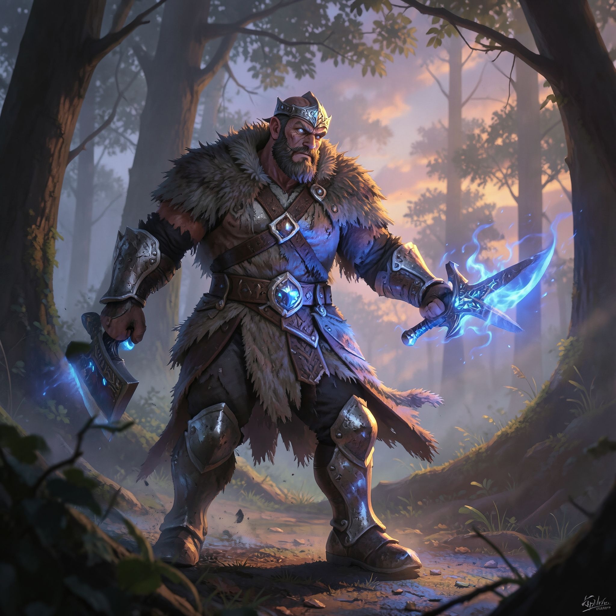 A battle-worn fantasy warrior, clad in tattered fur and enchanted steel, stands amidst a mist-shrouded forest at dusk, his sword glowing with ethereal blue flames as he faces an unseen foe, surroun...