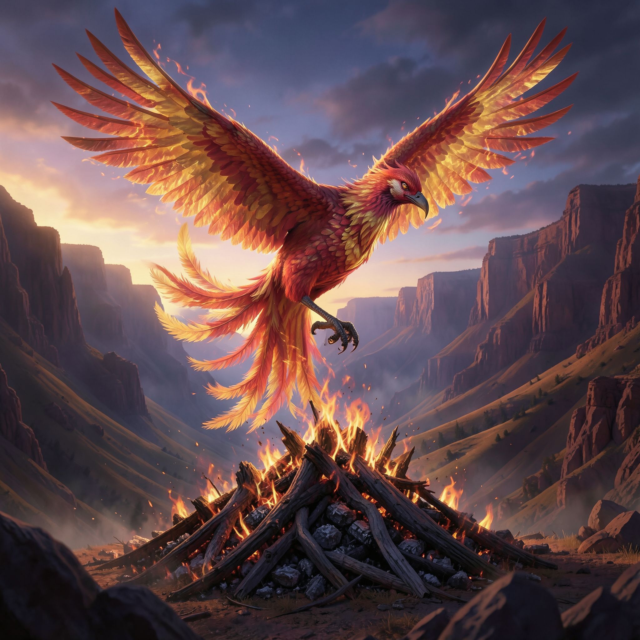 A majestic phoenix, its iridescent plumage shimmering in golden and crimson flames, ascends gracefully from a smoldering ash mound in a vast, windswept canyon at dusk, its wings casting dramatic si...
