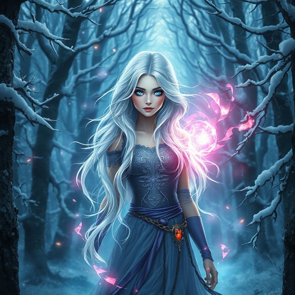 mystical young woman with silver hair and glowing blue eyes stands amidst an ancient, snow-laden forest, magical aura