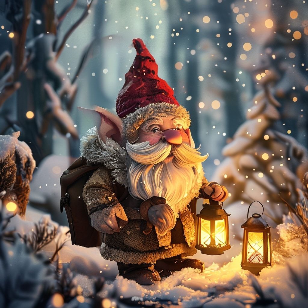 A cute, friendly gnome in a cozy winter forest setting. The gnome has a red pointed hat, a long beard, and is wearing a warm brown coat with a fur-lined hood. He is holding a small, glowing lantern in his hand. Snow-covered trees and a soft, golden light from the lantern create a magical, warm atmosphere. Detailed, photorealistic style, high resolution.