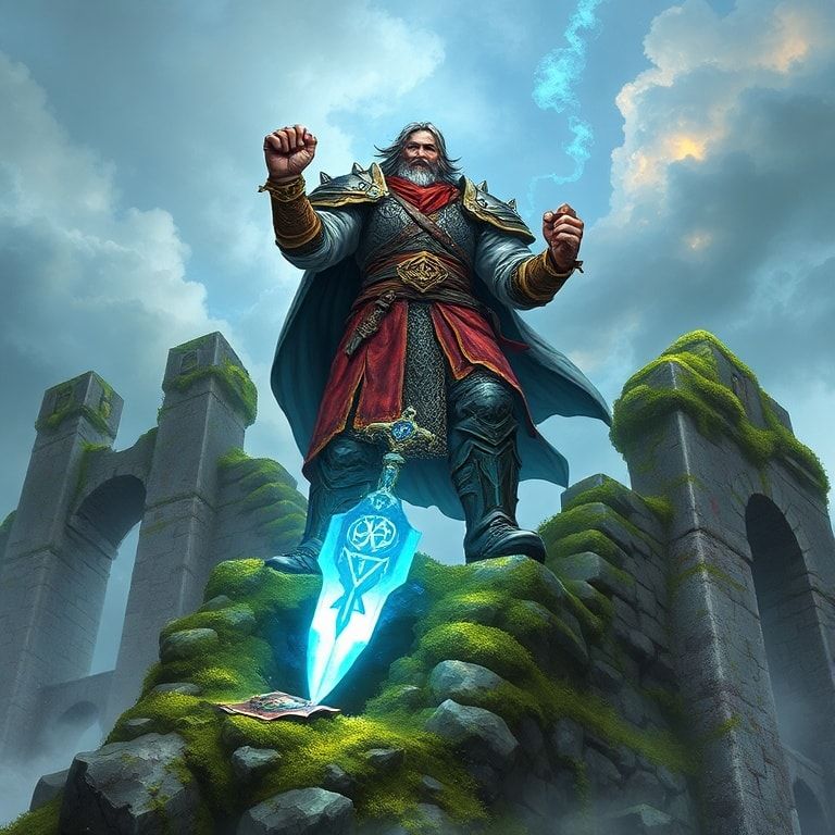 A towering fantasy warrior clad in ornate, weathered armor stands victorious atop a moss-covered stone ruin, his glowing rune-engraved greatsword embedded in the ground, emanating ethereal blue mis...
