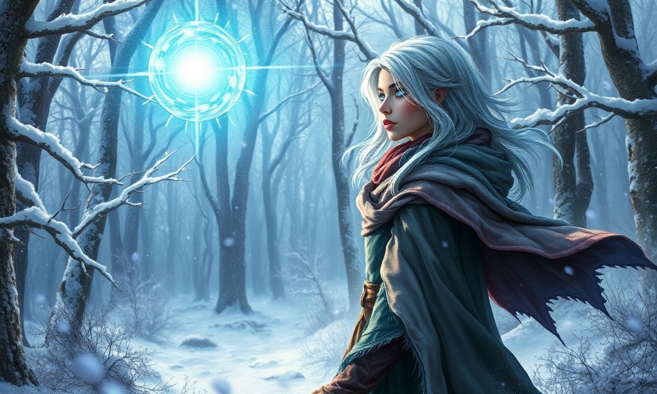 A mystical young woman with silver hair and glowing blue eyes stands amidst an ancient, snow-laden forest, her tattered cloak billowing in the icy wind as she gazes at a floating orb of ethereal li...