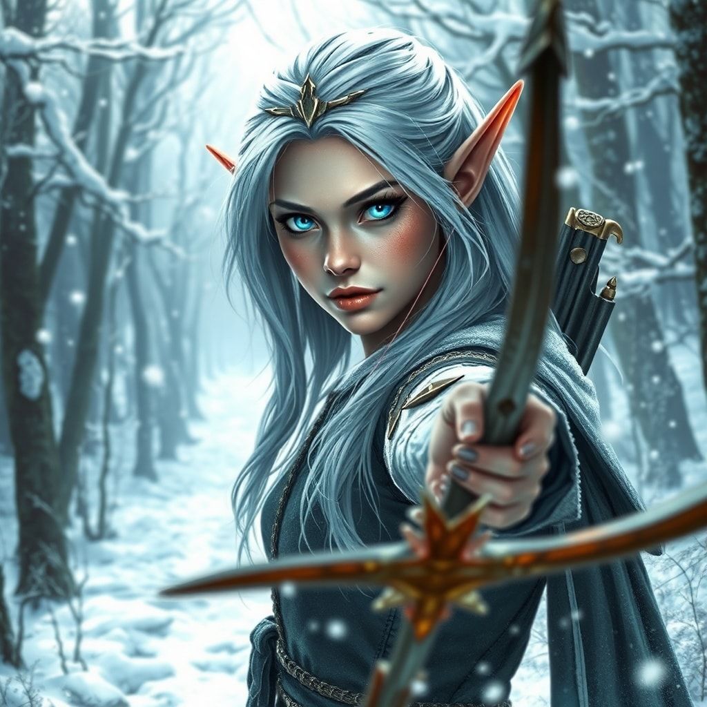 mystical young woman elf with silver hair and glowing blue eyes stands amidst an ancient, snow-laden forest, elven archer