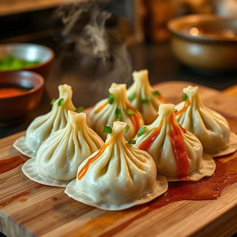 Delicious steaming dumplings with a golden-brown crust, placed on a wooden cutting board. The dumplings are garnished with fresh green herbs and a drizzle of savory sauce. Soft warm lighting creates a cozy and inviting kitchen atmosphere. Photorealistic style, high detail, mouth-watering appearance.