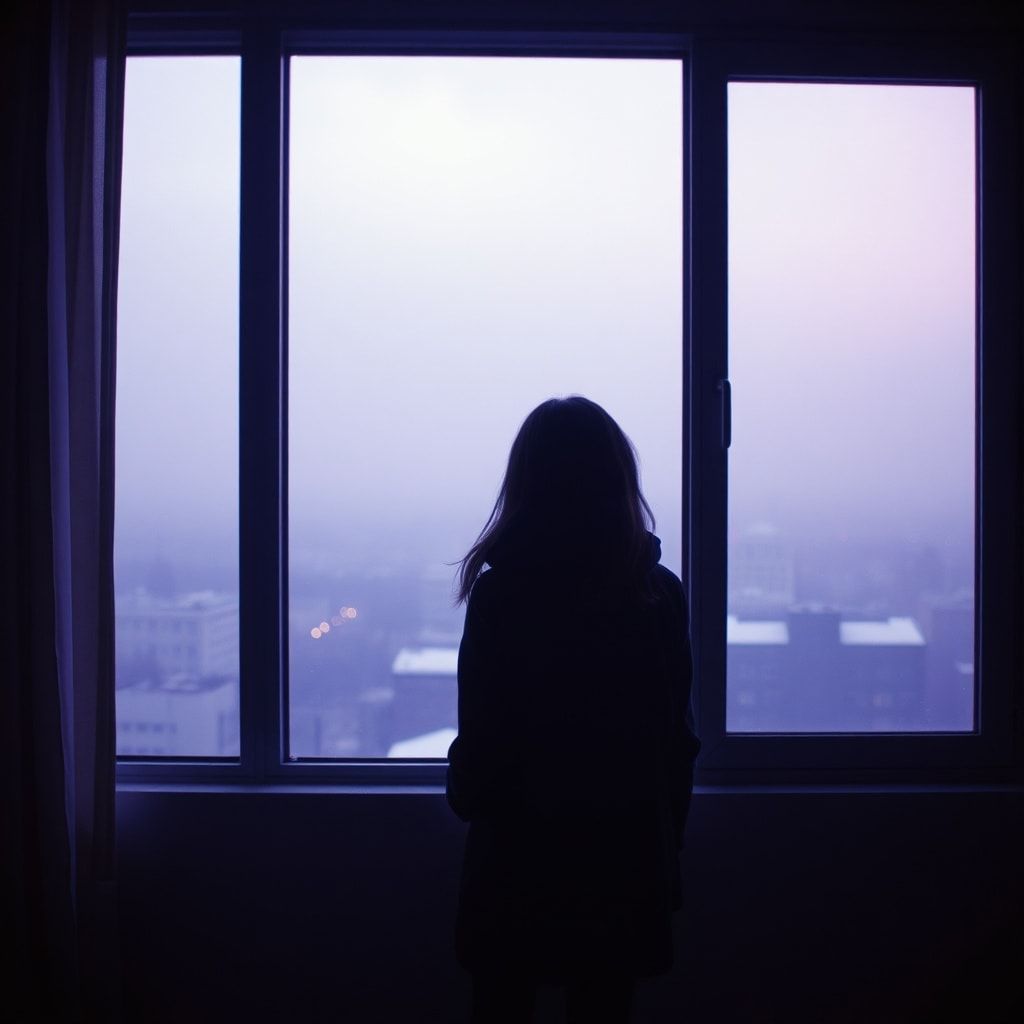 A girl stands inside a quiet room, facing away, looking out through a window. Outside, a foggy February winter unfolds — light snowfall drifts slowly through the air, and the sky glows with soft violet and muted purple tones. The city beyond the glass feels distant and blurred by mist. Cold winter light enters the room gently, casting subtle shadows. The atmosphere is calm, introspective, and emotional, capturing a moment of stillness and inner change. Cinematic composition, soft diffused lighting, shallow depth of field, cool color palette with violet accents, misty winter mood, realistic textures, gentle film grain, intimate and poetic atmosphere, like a scene from a quiet winter film.