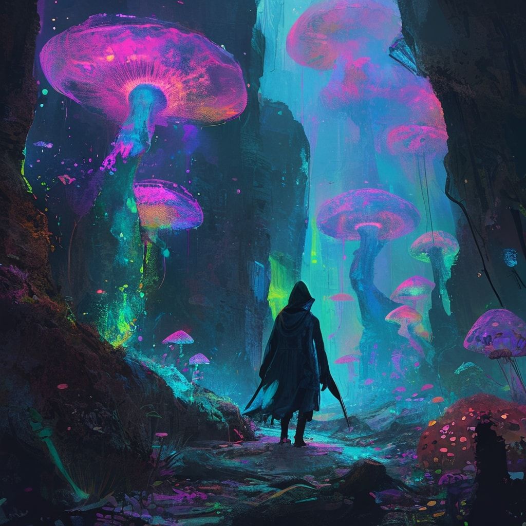 bioluminescent fungi pulse in the ruins below. A lone, hooded figure stands..