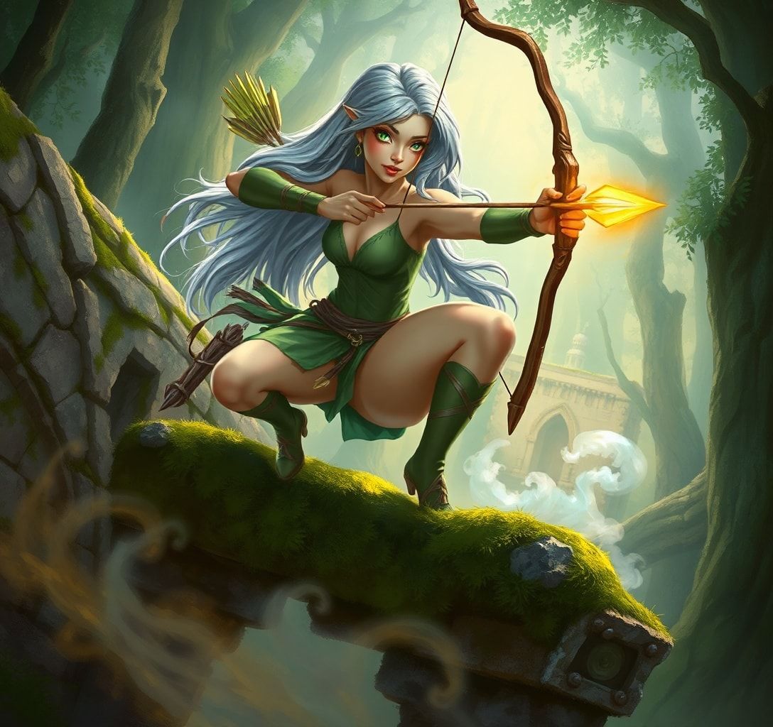 A lithe, silver-haired archer with emerald eyes draws her enchanted bow, arrow glowing with arcane energy, perched on a moss-covered ruin in an ancient forest. Mist swirls around her ankles as gold...