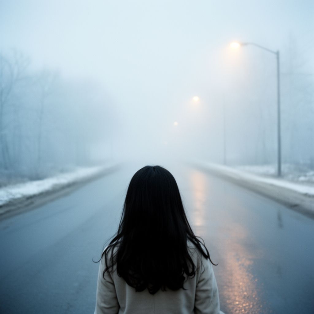 A girl with long black hair stands facing away, looking into the distance on a foggy road. The winter atmosphere feels cold and damp, like after a light rain. Thick February fog drifts across the empty road, reflecting soft, muted streetlight glow. The ground is slightly wet, adding subtle reflections. Pale blue and gray tones dominate the scene. The mood is quiet, melancholic, and cinematic, as if frozen in time. Cinematic composition, wide-angle shot, soft diffused lighting, shallow depth of field, realistic textures, gentle film grain, emotional winter atmosphere, like a scene from a slow, intimate film.