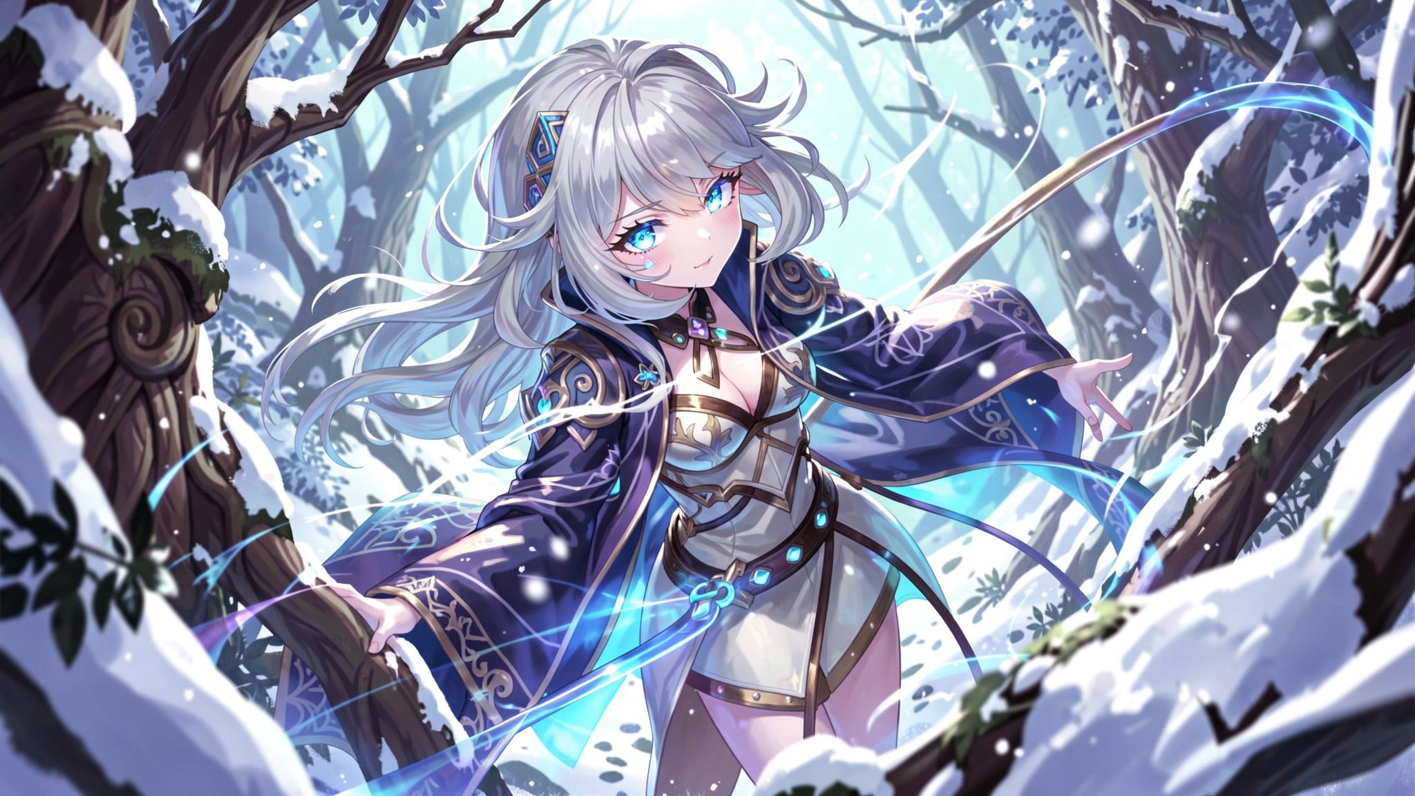 mystical young woman with silver hair and glowing blue eyes stands amidst an ancient, snow-laden forest