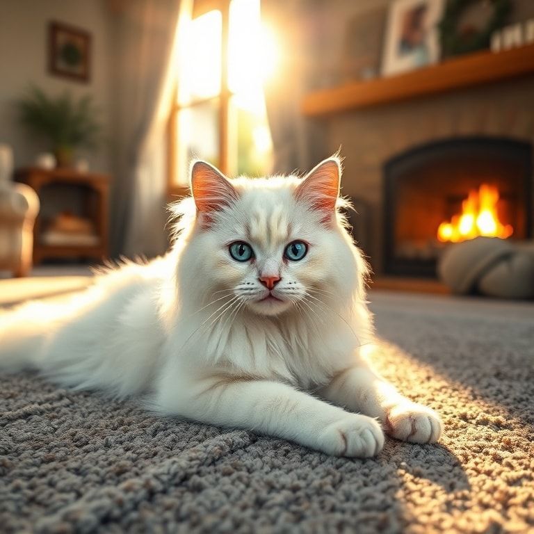 A cute fluffy long-haired white cat with bright blue eyes, lying on a soft gray carpet in a cozy living room with a warm fireplace in the background. Bathed in warm golden hour sunlight streaming through a nearby window. Highly detailed photorealistic style, serene and cozy atmosphere, 1024x1024 pixels