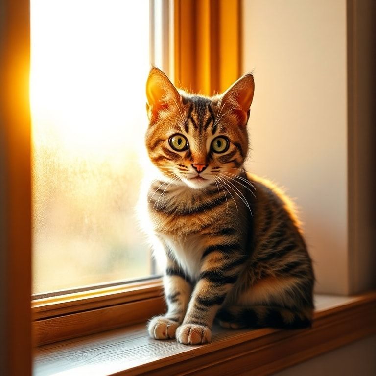 A cute, fluffy short-haired tabby cat with bright green eyes, sitting on a wooden windowsill, bathed in warm golden sunlight streaming through the window, cozy home setting, realistic photorealistic style, high detail, 1024x1024 pixels