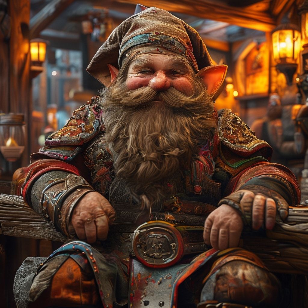 A cheerful, friendly dwarf with a large, bushy beard and a warm smile, wearing a colorful, traditional outfit with leather armor accents and a pointed hat, sitting on a stone bench in a cozy, rustic tavern with warm, golden lighting, wooden furniture, and a friendly atmosphere, photorealistic style, high detail, 8k resolution.