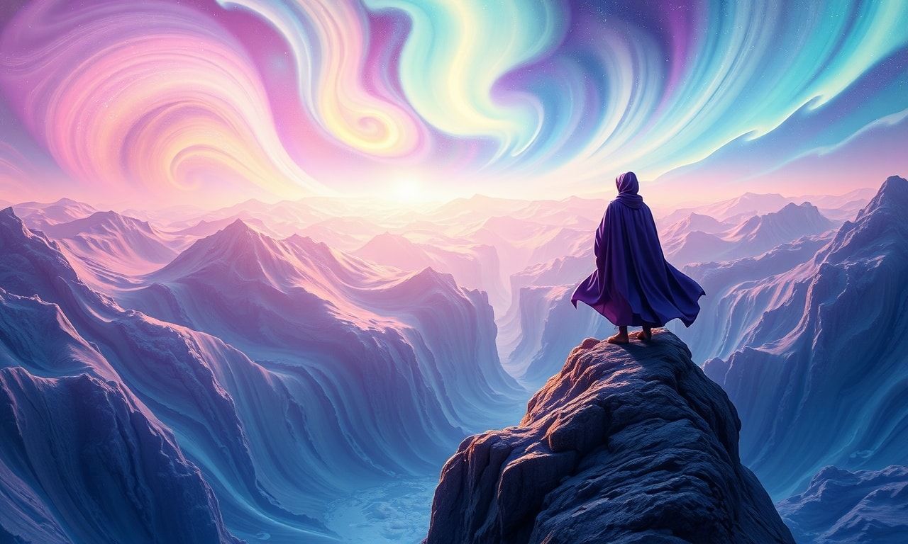 A solitary wanderer in a deep violet robe stands poised on the edge of a vast, swirling cosmic abyss, their form illuminated by the ethereal glow of a shimmering aurora, as vibrant, undulating ribb...