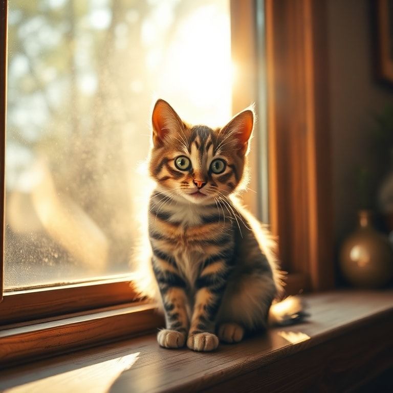 A cute, fluffy short-haired tabby cat with bright green eyes, sitting on a wooden windowsill, bathed in warm golden sunlight streaming through the window, cozy home setting, realistic photorealistic style, high detail, 1024x1024 pixels