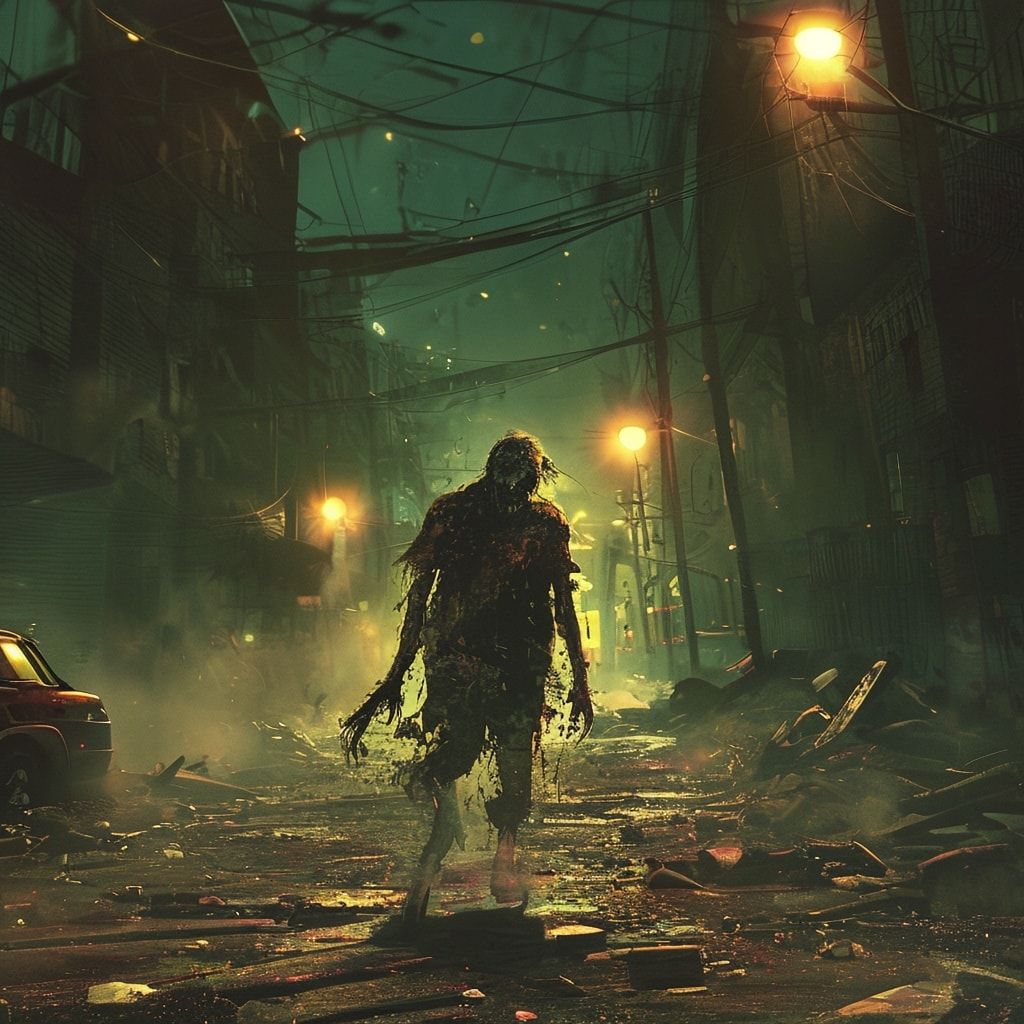 A desolate urban street bathed in the eerie glow of flickering streetlights, where a lone zombie stumbles through scattered debris, its tattered clothes swaying in the cold wind. The scene is rende...