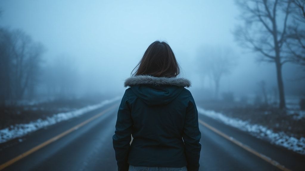 A girl with her back turned stands in a jacket on a winter road, an atmosphere of melancholy, loneliness and blue fog everywhere, as in dark ambient