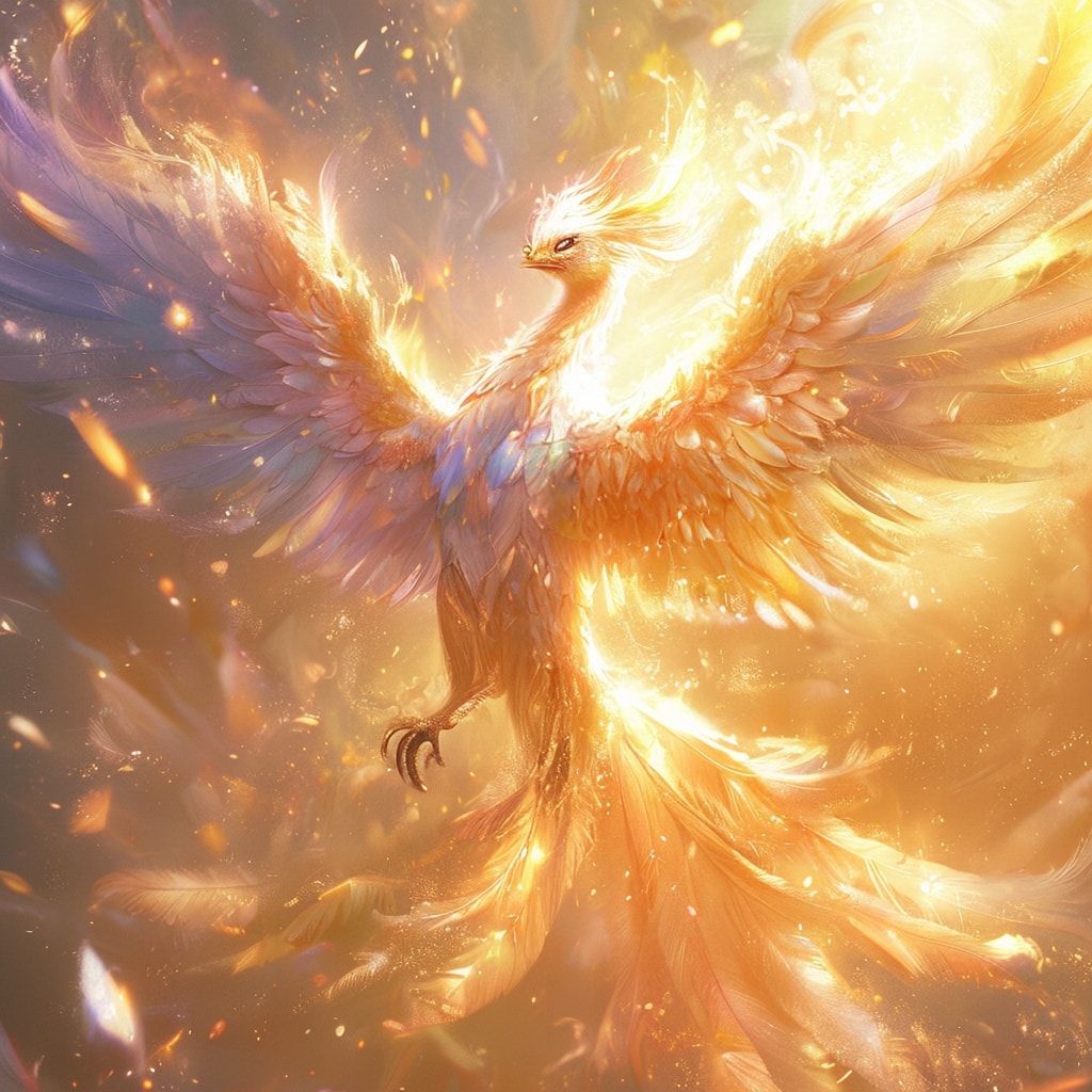 A radiant phoenix with pastel-hued feathers erupts from golden embers, its large, sparkling eyes glowing with innocence, wings spread in a delicate arc. The scene is bathed in soft, ethereal sunlig...