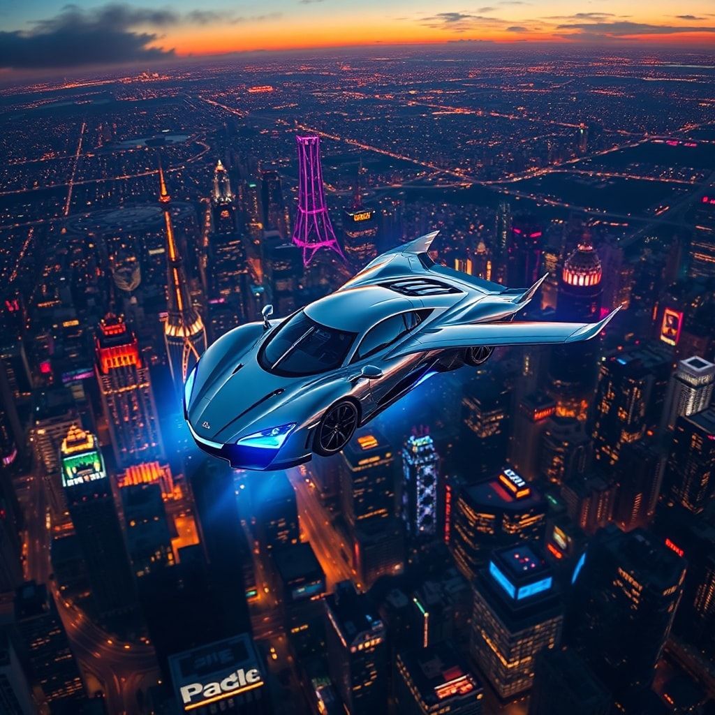 A sleek, silver flying car with glowing blue underlights hovers above a sprawling neon-lit metropolis at dusk, its wings casting dramatic shadows over towering skyscrapers. The city pulses with hol...