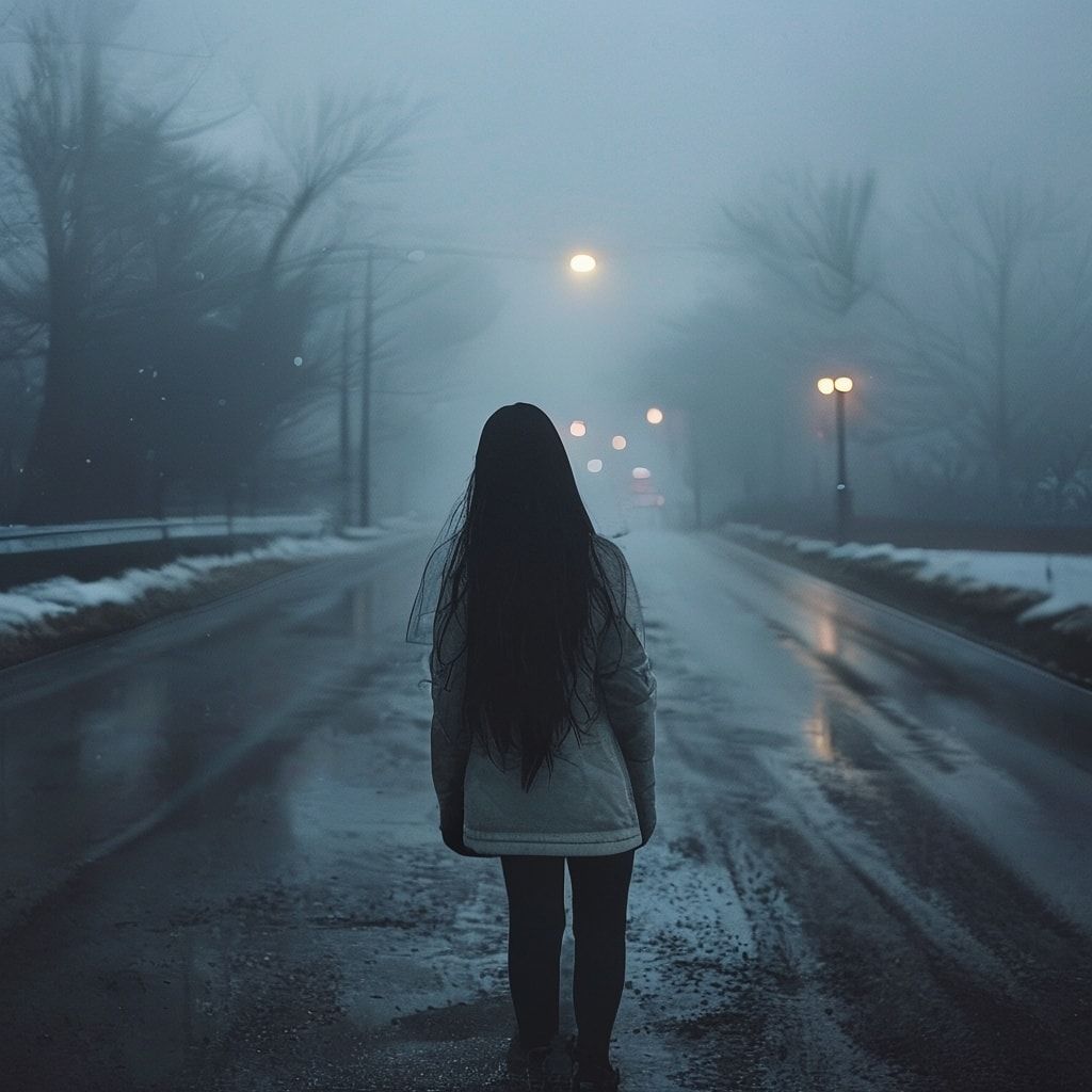 A girl with long black hair stands facing away, looking into the distance on a foggy road. The winter atmosphere feels cold and damp, like after a light rain. Thick February fog drifts across the empty road, reflecting soft, muted streetlight glow. The ground is slightly wet, adding subtle reflections. Pale blue and gray tones dominate the scene. The mood is quiet, melancholic, and cinematic, as if frozen in time. Cinematic composition, wide-angle shot, soft diffused lighting, shallow depth of field, realistic textures, gentle film grain, emotional winter atmosphere, like a scene from a slow, intimate film.