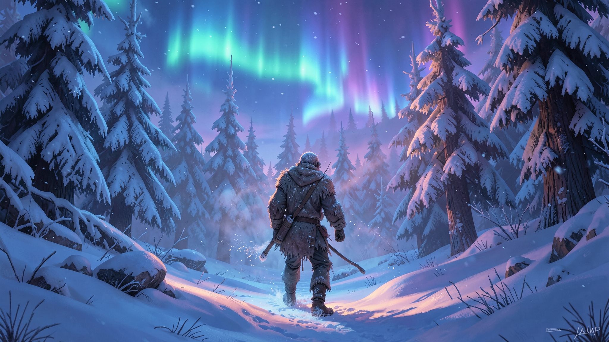 A lone frostbitten traveler in tattered furs trudges through a snow-laden forest at dusk, their breath visible in the crisp air, as ethereal auroras dance above towering ice-covered pines, casting ...