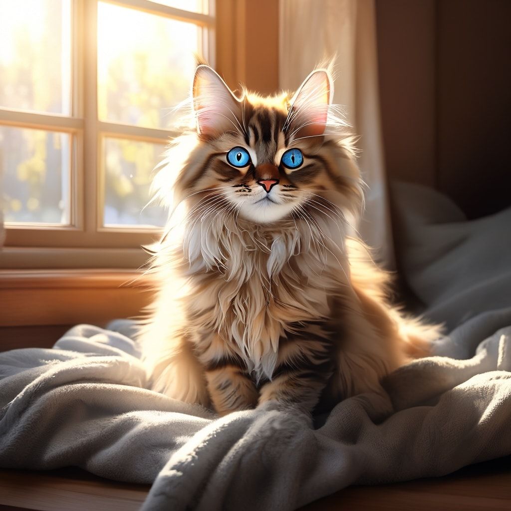 A cute, fluffy long-haired cat with bright blue eyes, sitting on a soft gray blanket in a cozy living room with warm sunlight streaming through a window, realistic photorealistic style, high detail, 1024x1024 pixels