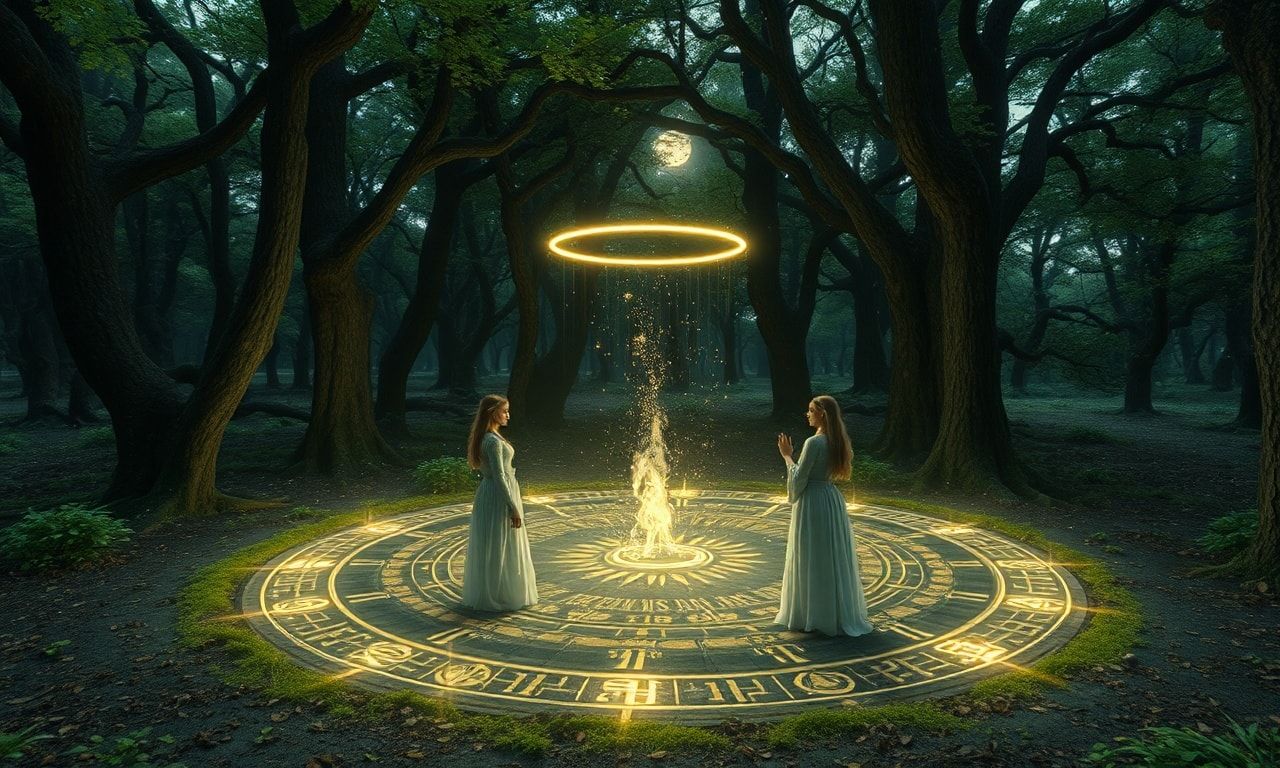 Cinematic elven magic circle ritual fantasy video, slow panning around a sacred grove where an elegant elven maiden and companions form a glowing magic circle, runes and wards rising in the air, gentle camera movements and smooth transitions, soft light particles and dome of protection, moonlight through ancient trees, ritual and protective atmosphere, fantasy aesthetic, peaceful and mystical mood, high quality visual effects, dreamlike composition