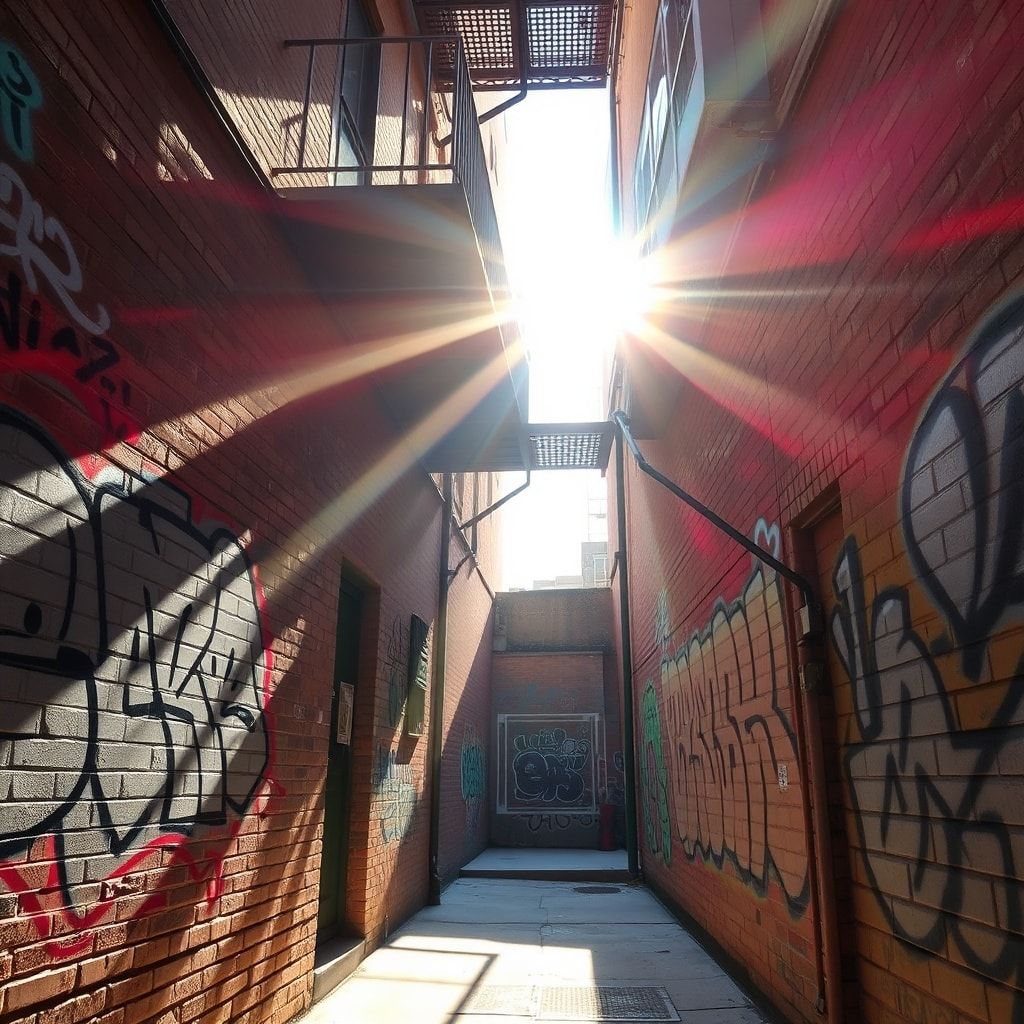 A narrow, sun-drenched alleyway bathed in golden hour light, vibrant street art covering weathered brick walls, casting long shadows from a fire escape, warm tones contrasting with cool graffiti hu...
