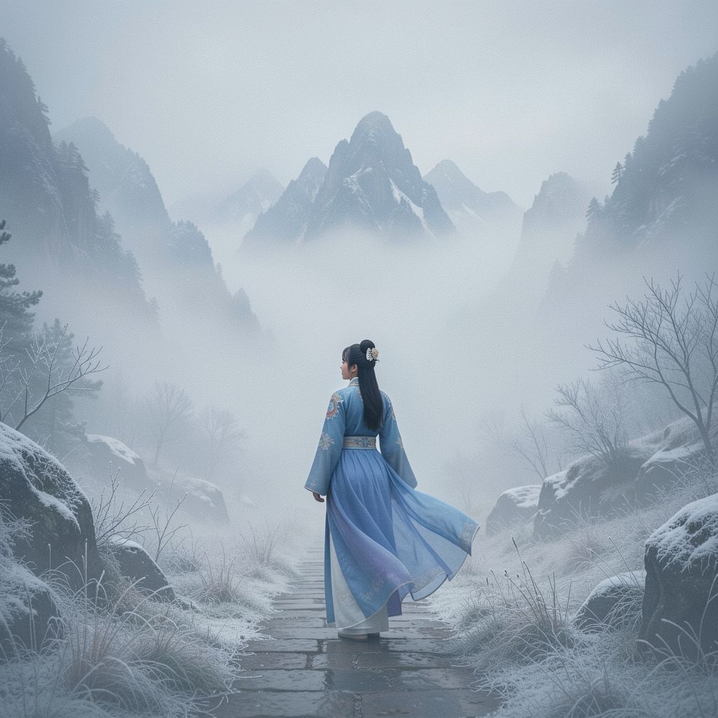 A girl wearing traditional Chinese clothing stands on a narrow path in a mist-covered valley, facing away and looking into the distance. Thick fog drifts softly around her, partially hiding the landscape. In the far distance, majestic mountains rise through the mist, cold and silent. The atmosphere feels frosty, calm, and poetic, as if captured in a cinematic fantasy film. Soft winter light, pale blue and gray tones, subtle frost in the air, flowing fabric gently moved by the cold wind. Cinematic composition, wide-angle shot, misty environment, soft diffused lighting, realistic textures, gentle film grain, serene and emotional mood, like a scene from an epic historical fantasy movie.