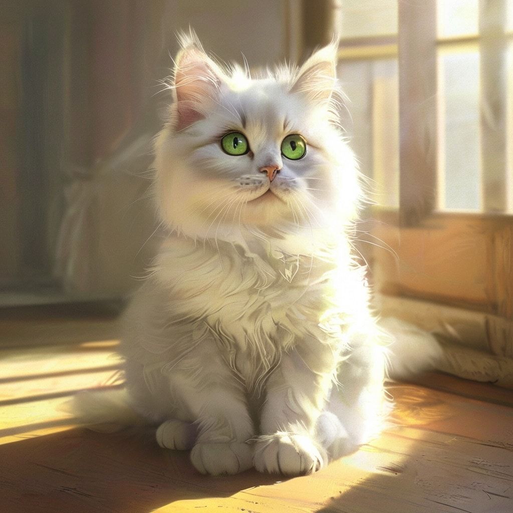 A cute, fluffy white cat with bright green eyes, sitting on a soft, wooden floor in a cozy, sunlit room with a window in the background. The cat is looking directly at the viewer with a calm and curious expression. Photorealistic style, high detail, vibrant colors, 4K resolution, 1024x1024 pixels.