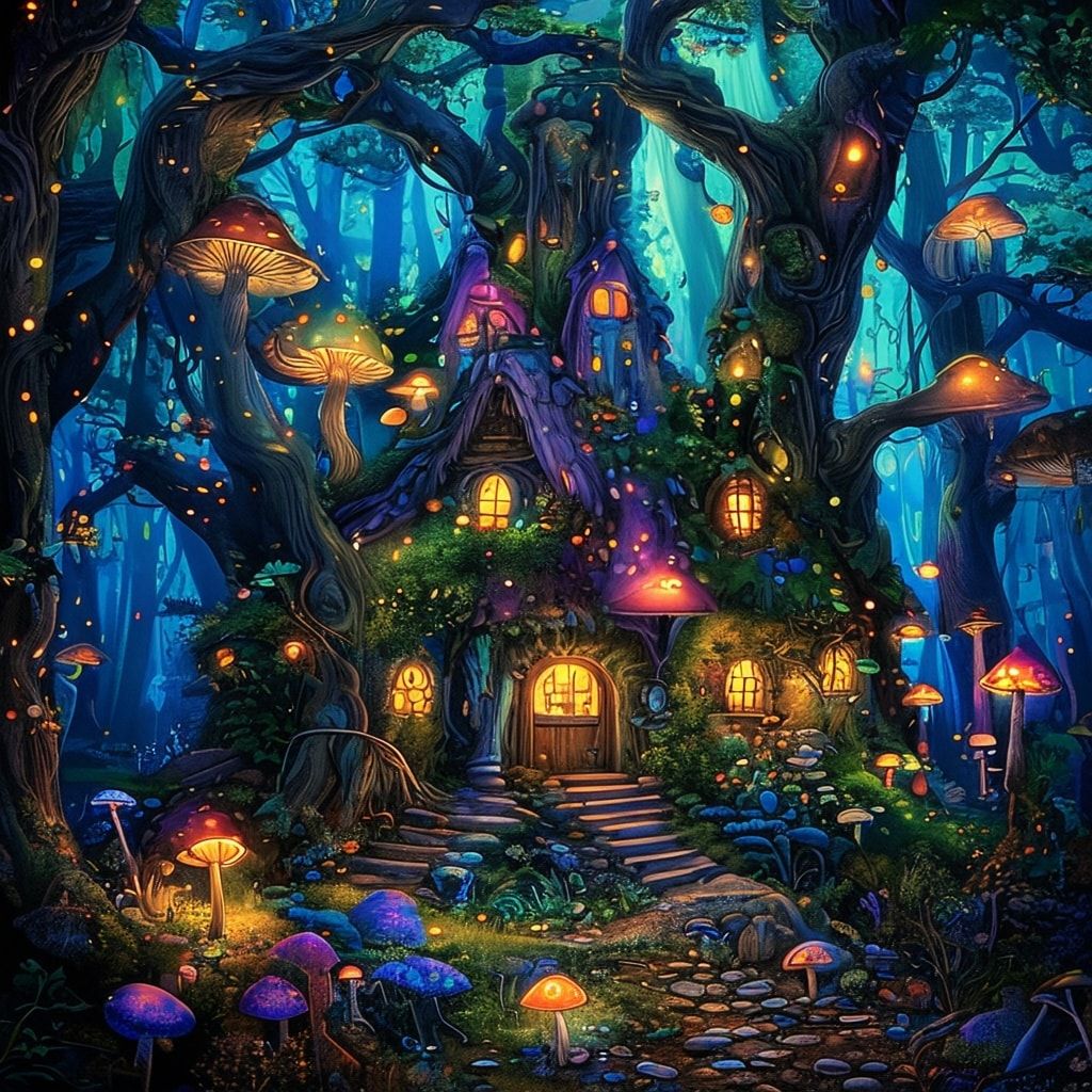 A whimsical fairy tale cottage nestled deep within an enchanted forest, glowing with soft bioluminescent mushrooms and fireflies, surrounded by towering ancient trees with twisted roots. The cottag...